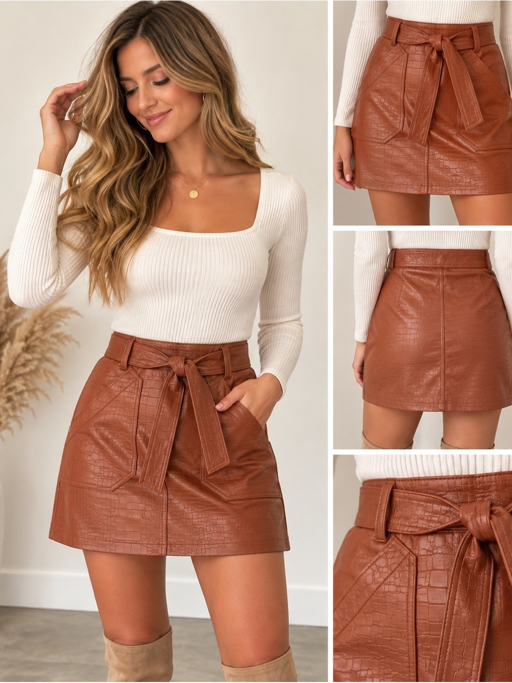 Stella Luce Brown Croc Embossed Faux Leather Belted Mini Skirt S